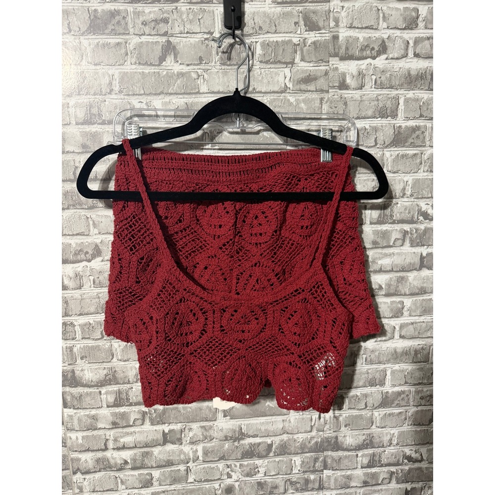 Zara Red Crochet 2 Piece Set Crop Top and Shorts Boho Festival Summer Medium